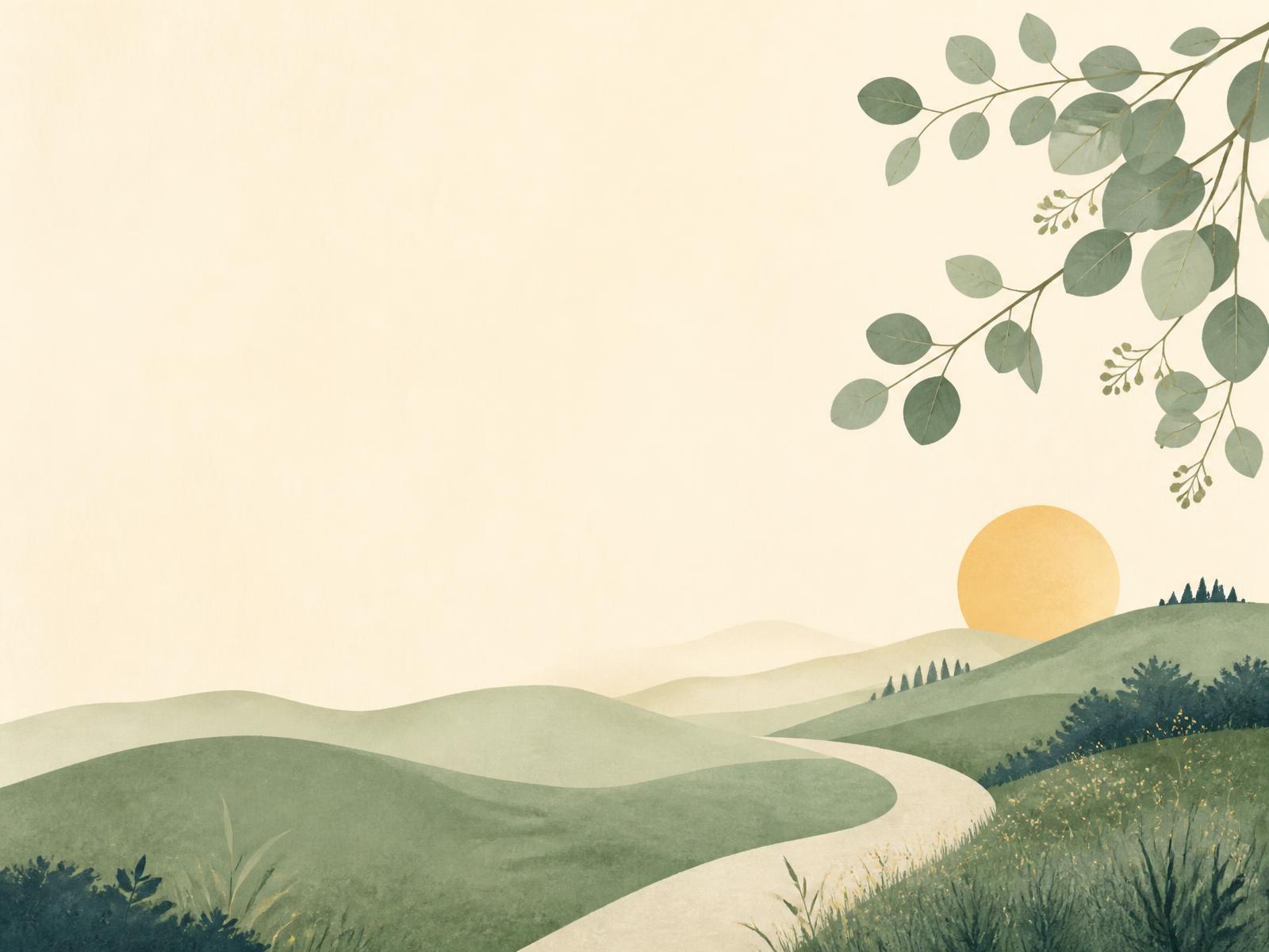 Collines douces, soleil et feuillage — illustration apaisante
