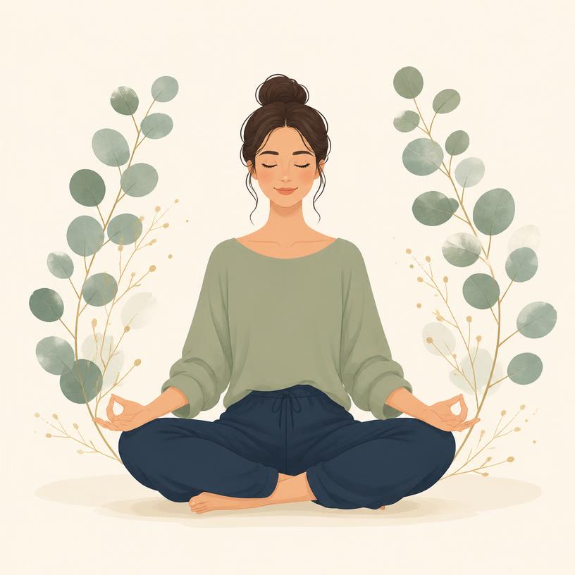 Personne assise en méditation, entourée de feuillages